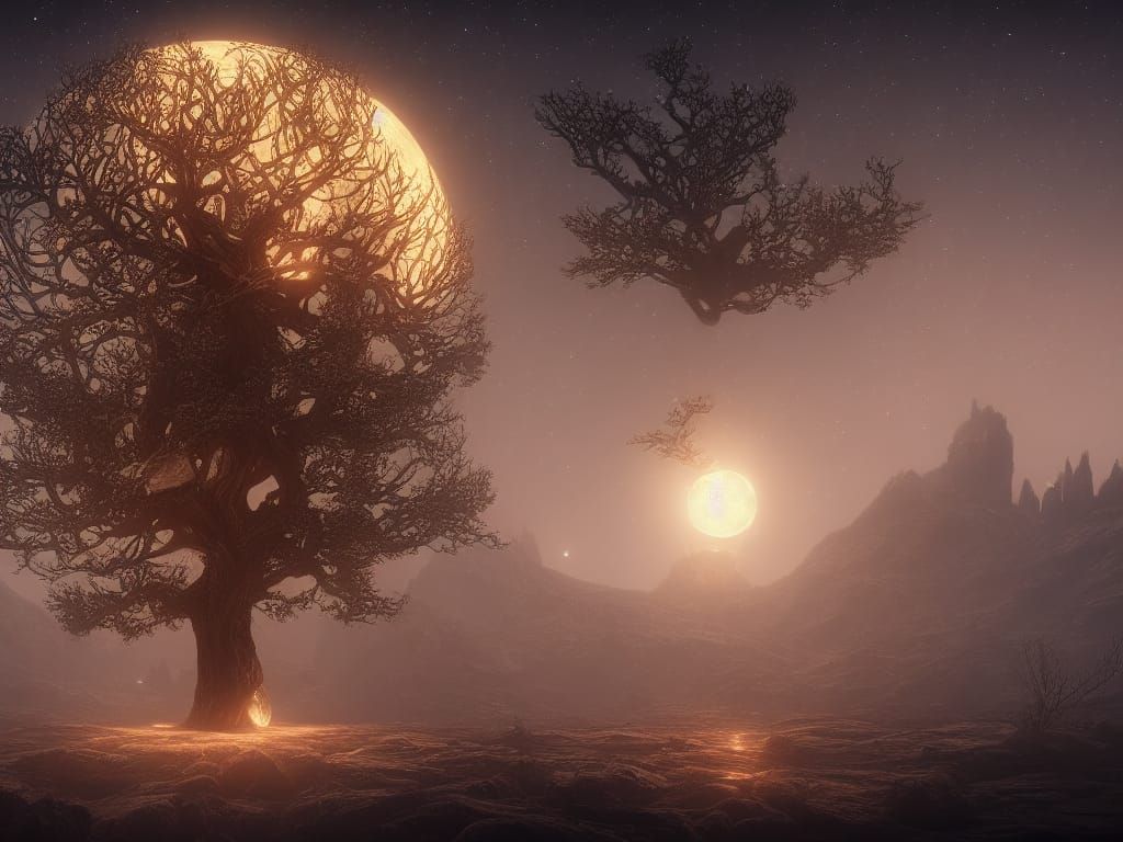 Illuminated Tree Under a Starry Sky