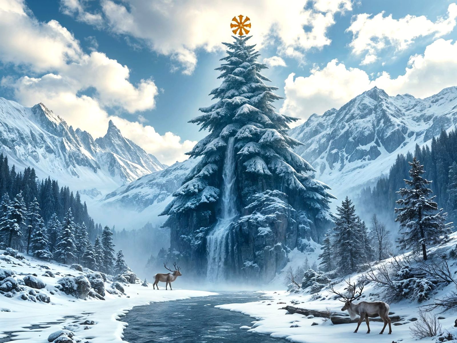 Surreal Winter Wonderland with Majestic Stone Christmas Tree