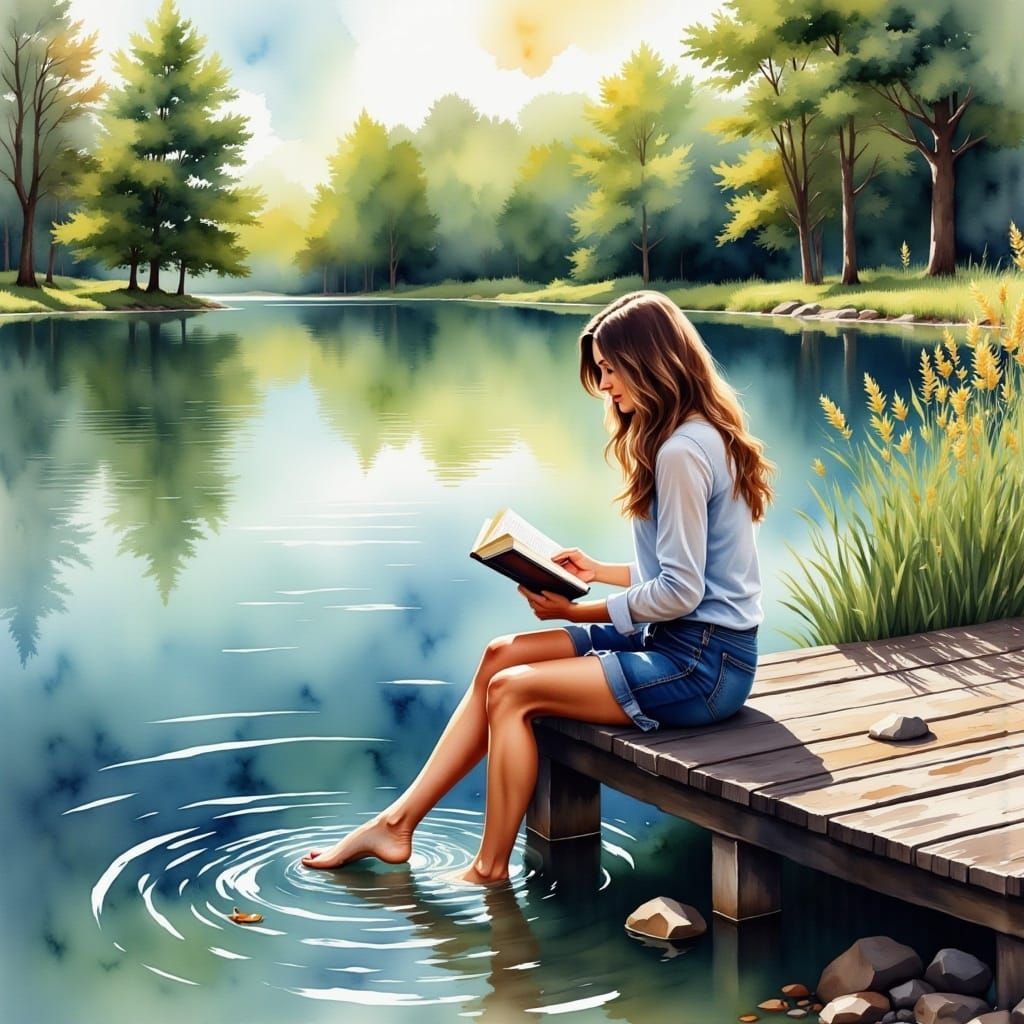 Woman Reading Book on Dock in Watercolor