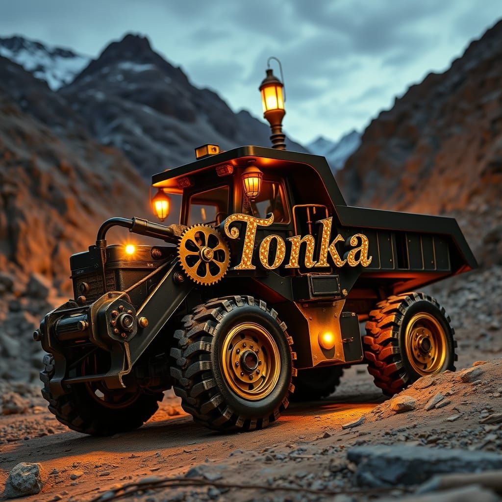 Steampunk Tonka Toy Payloader in a Mountain Quarry at Dusk