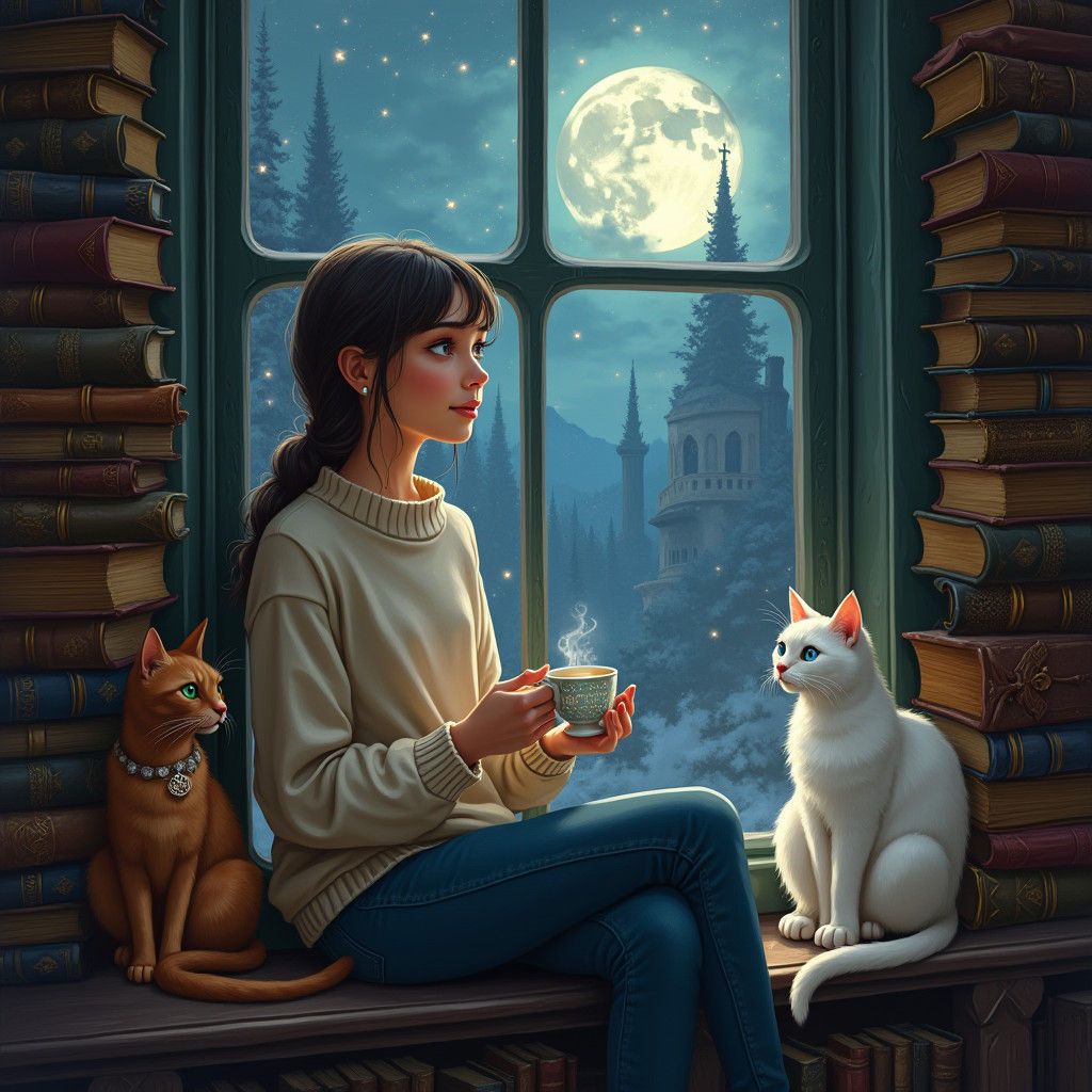 Girl, Cats, and Books in Moonlit Fantasy