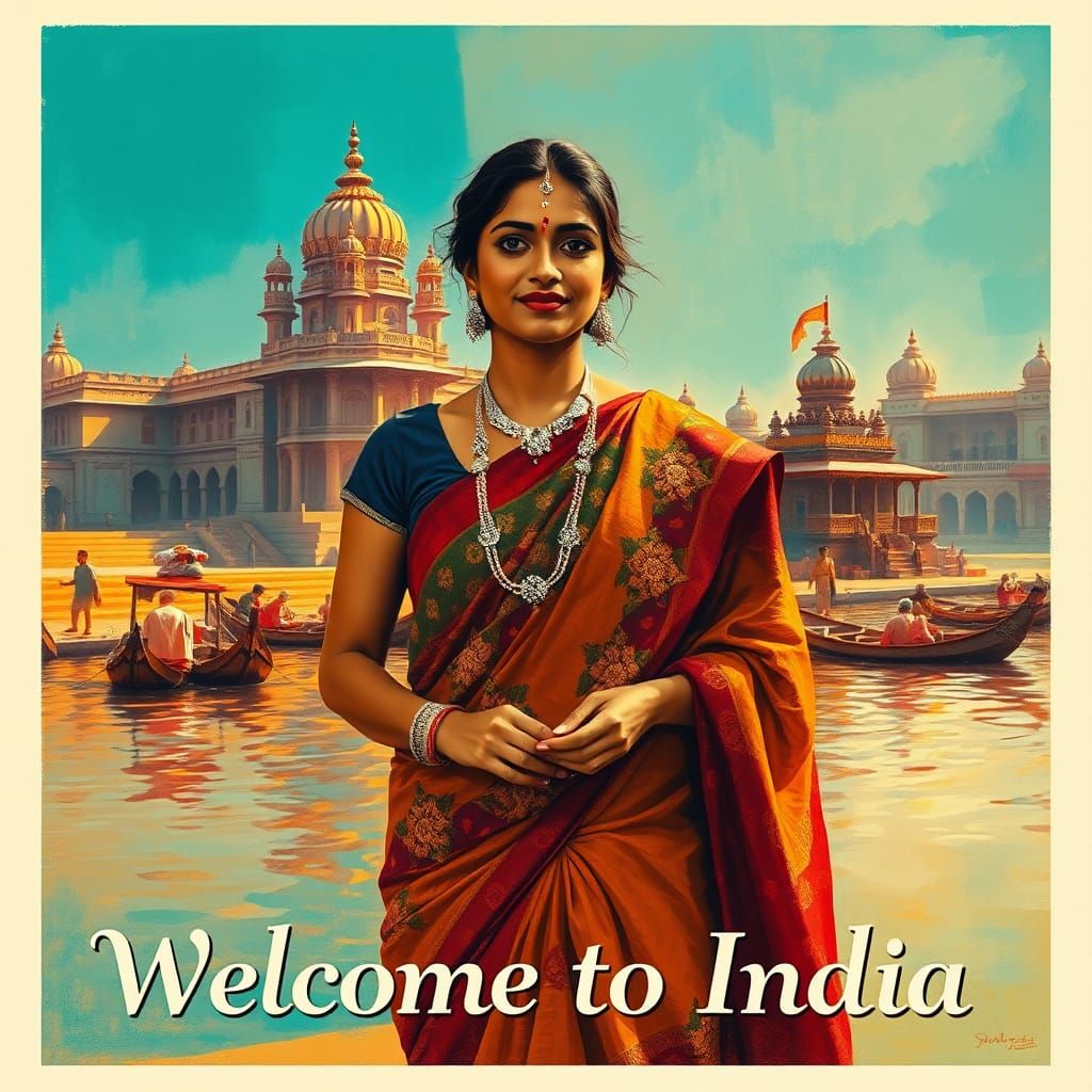 Welcome to India: Vibrant Travel Poster of Woman at Ghat