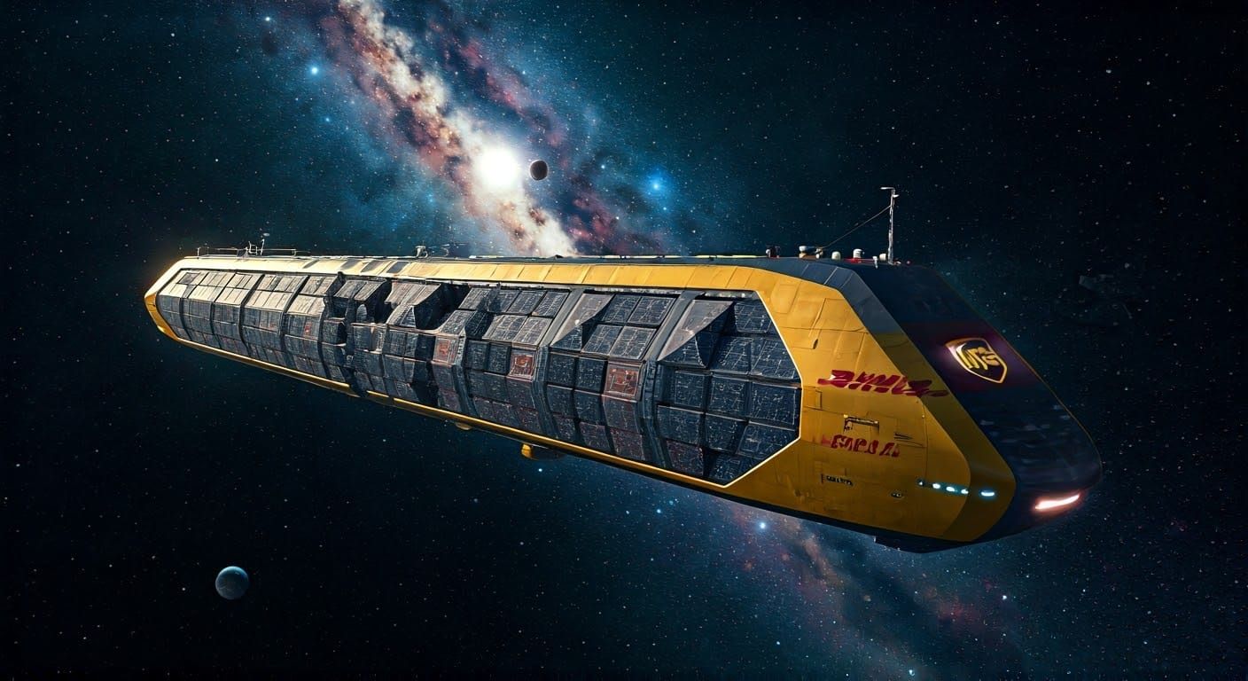 futuristic massive spaceship designed for DHL, specialized in interplanetary deliveries, featuring advanced thrusters an...