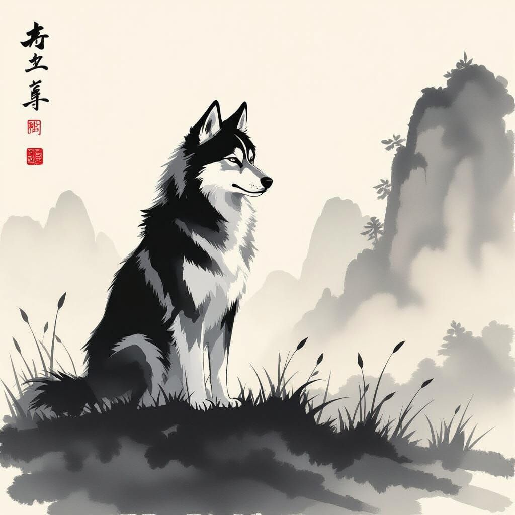 Majestic Husky Silhouette in Sumi-e Style