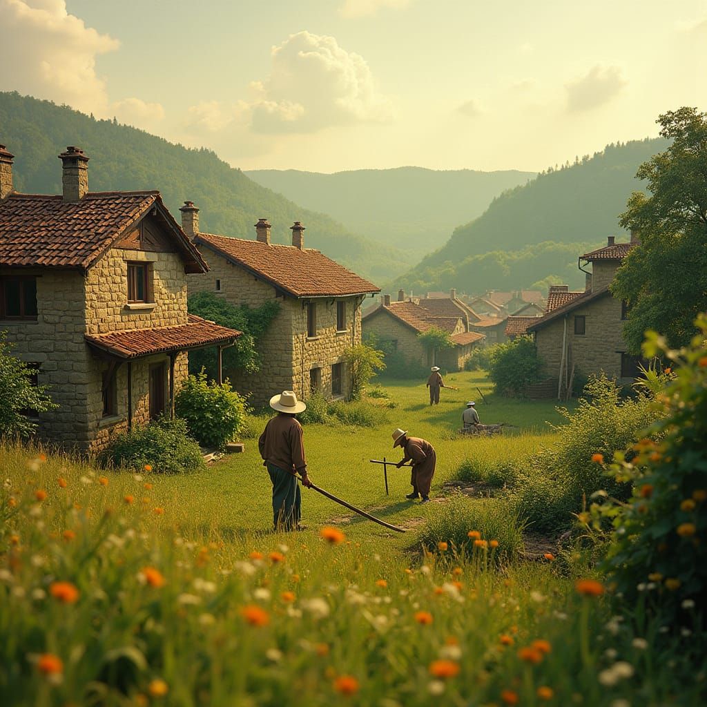 Tranquil Village Scene in Golden Sunlight