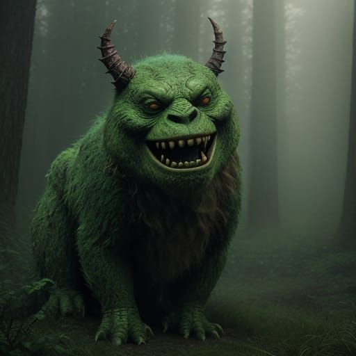 Enigmatic Green Eyed Monster Amidst Mystical Forest