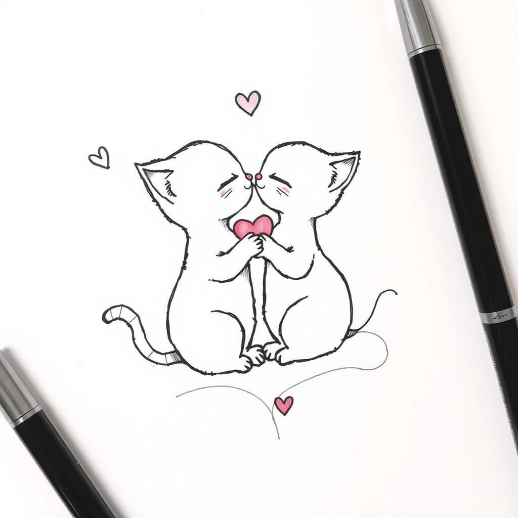 Cute Cats Share Tender Kisses in Whimsical Watercolor