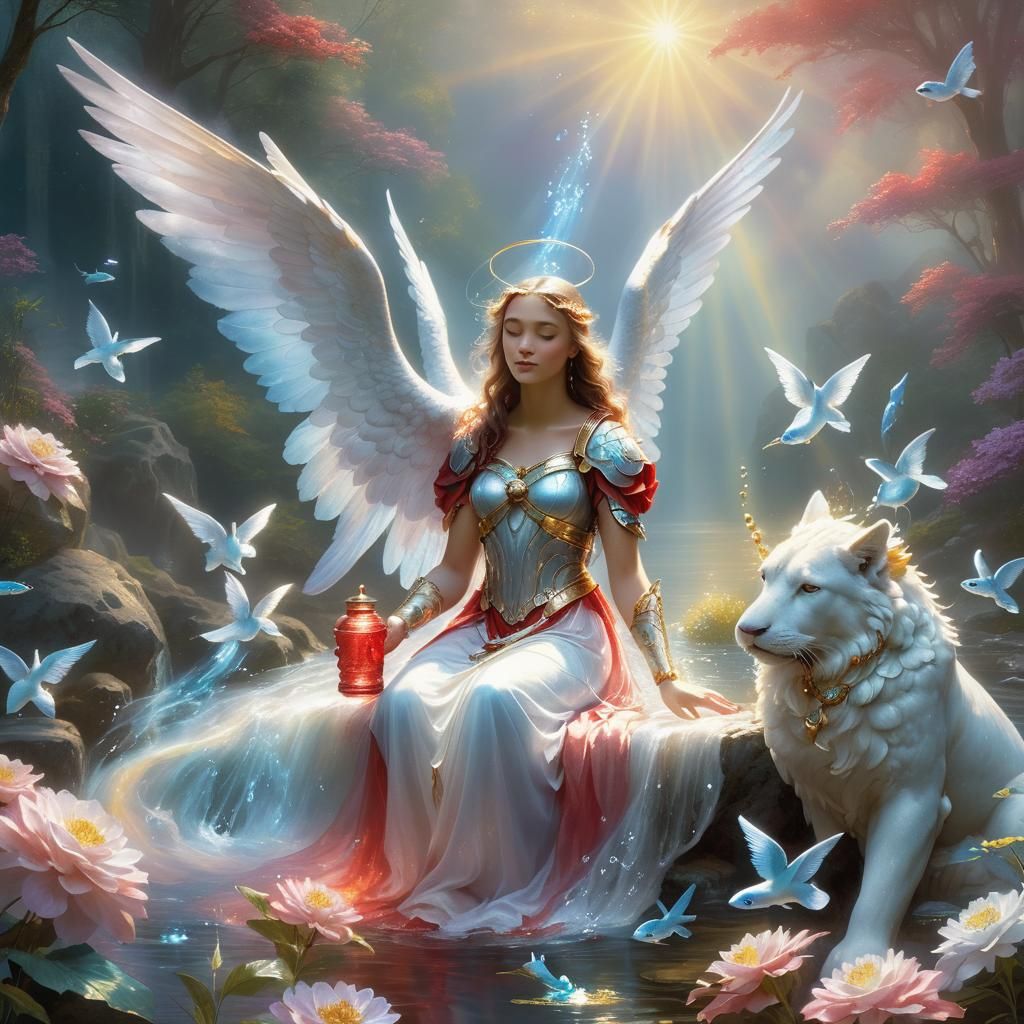 Archangel Selaphiel in Prayer, Kinkade Style