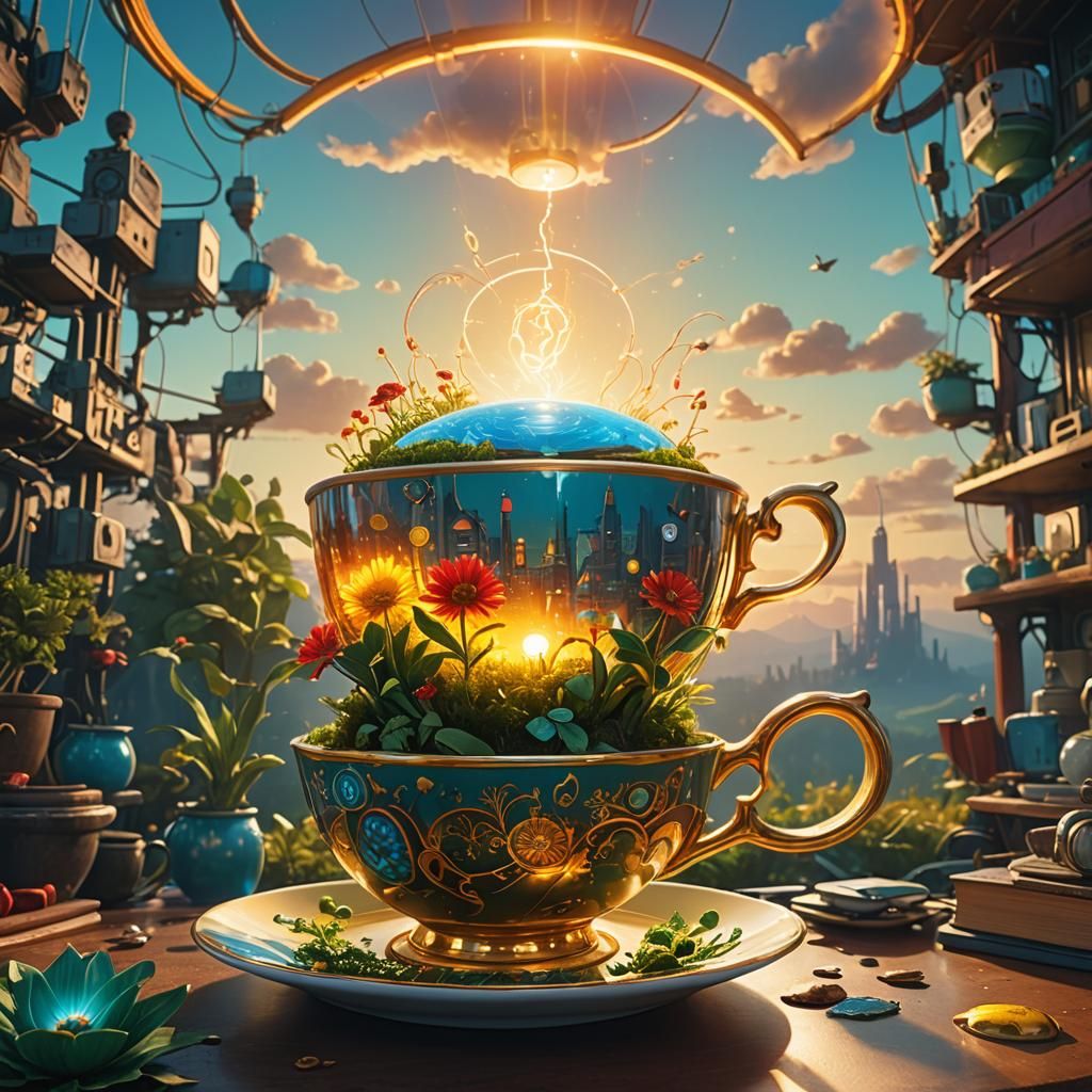 Technological Garden in Teacup, Fantasy Concept Art