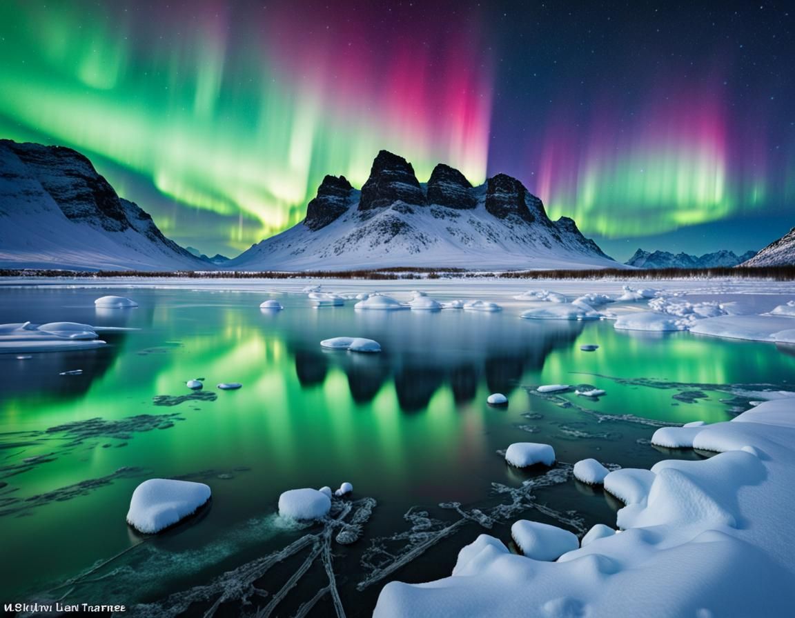 Aurora Borealis Over Frozen Landscape