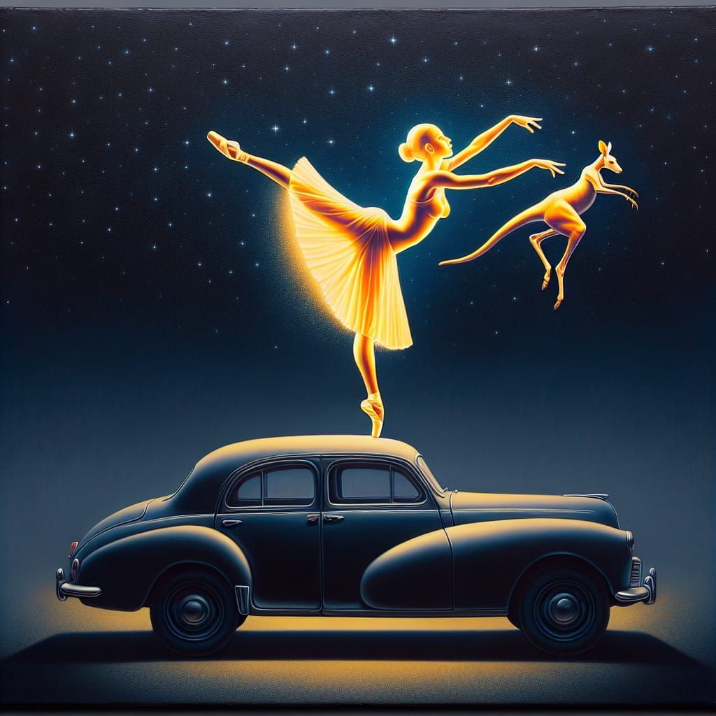 Surreal Ballerina Dances with Kangaroo Under Starry Sky