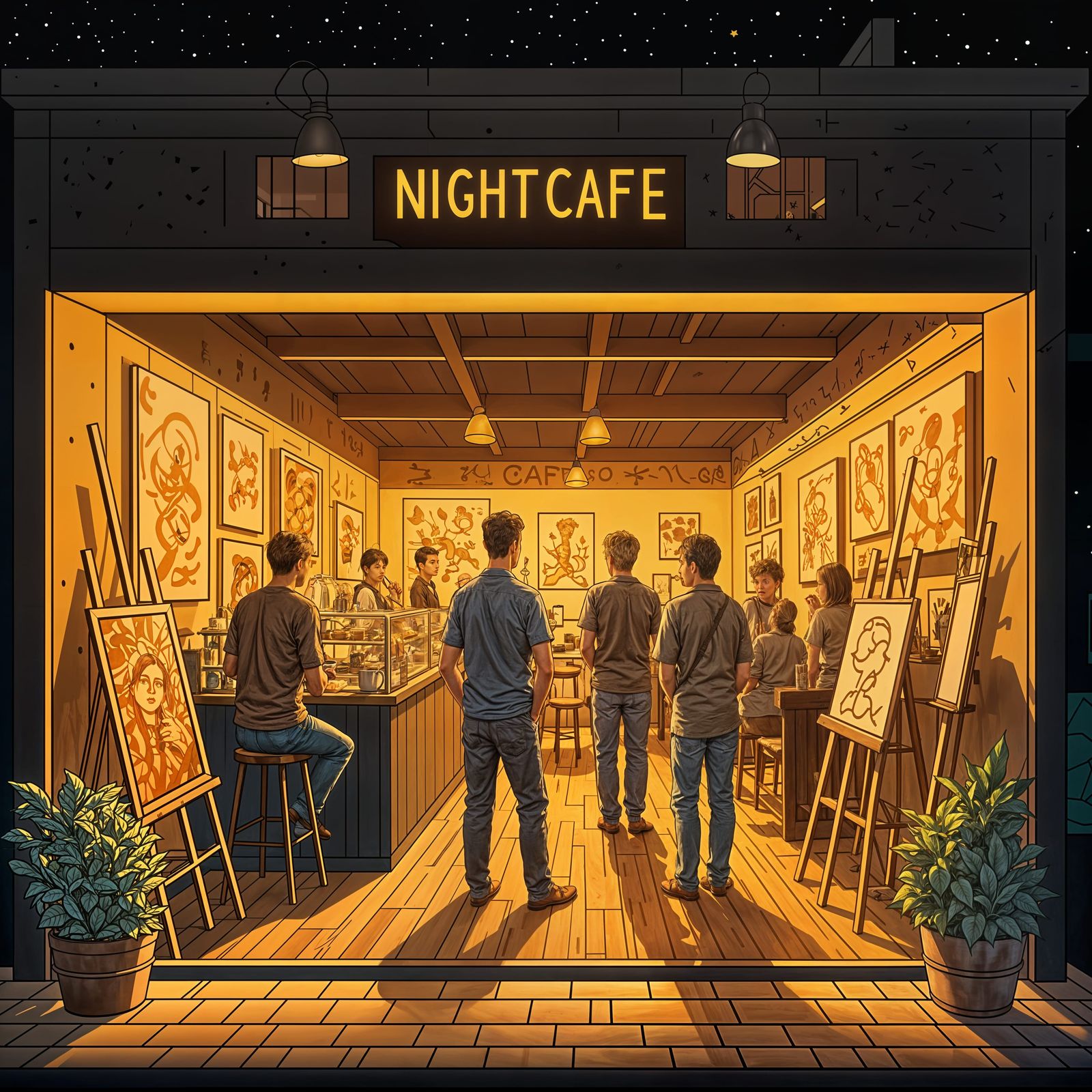 Cozy Art Gallery Café Under Starry Night Sky