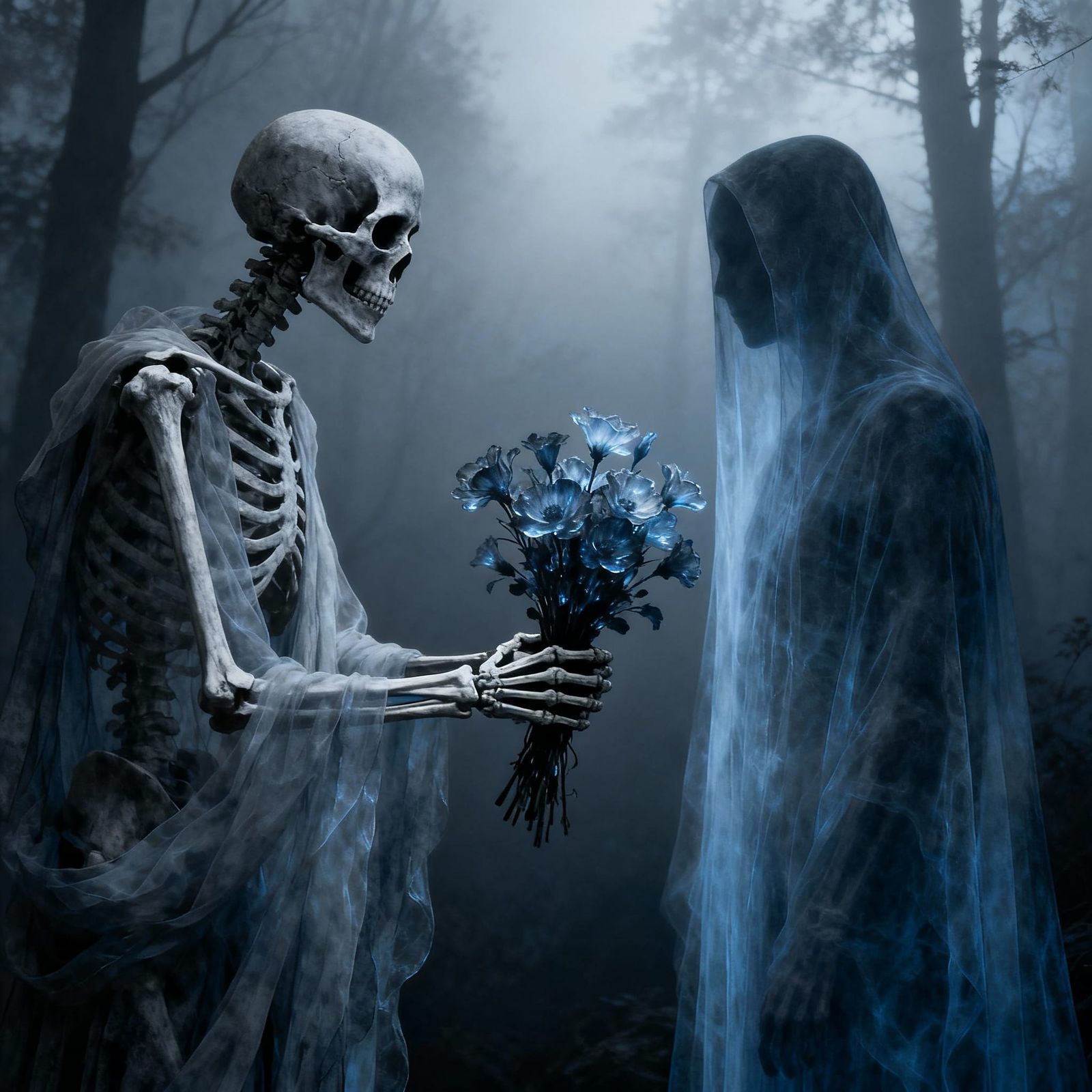 Ethereal Skeleton Offers Flowers to Ghost in Foggy Forest