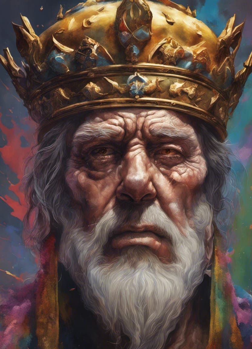 Sorrowful Old King in Hyperrealistic Splash Art