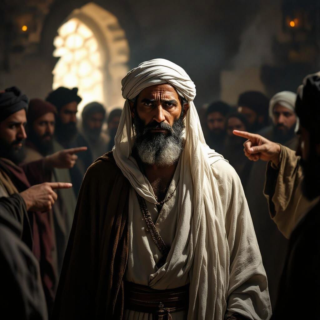 Jabir ibn Hayyan Accused of Sorcery Amidst Dramatic Lighting