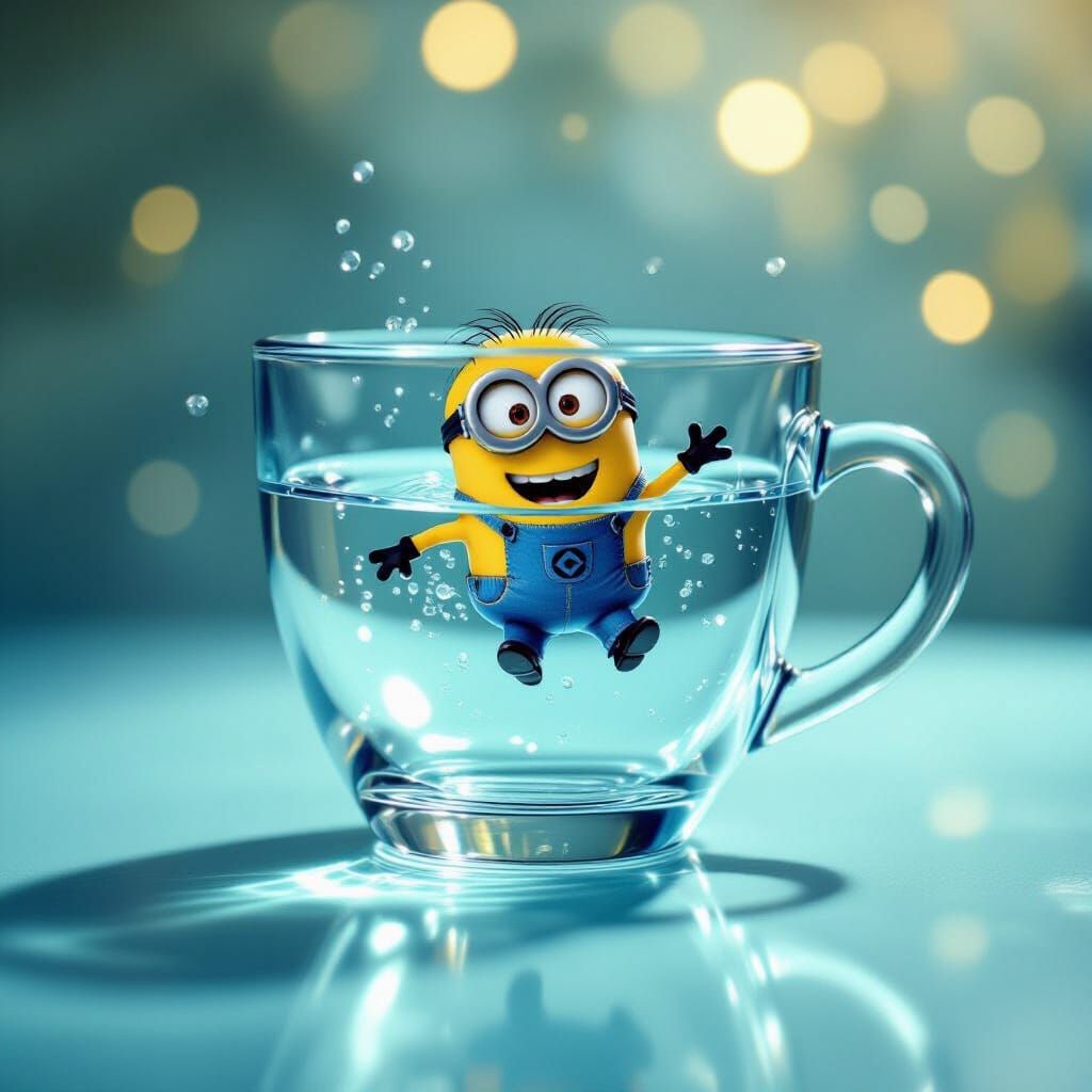 Surreal Double Exposure: Minion Diving From Glass Cup