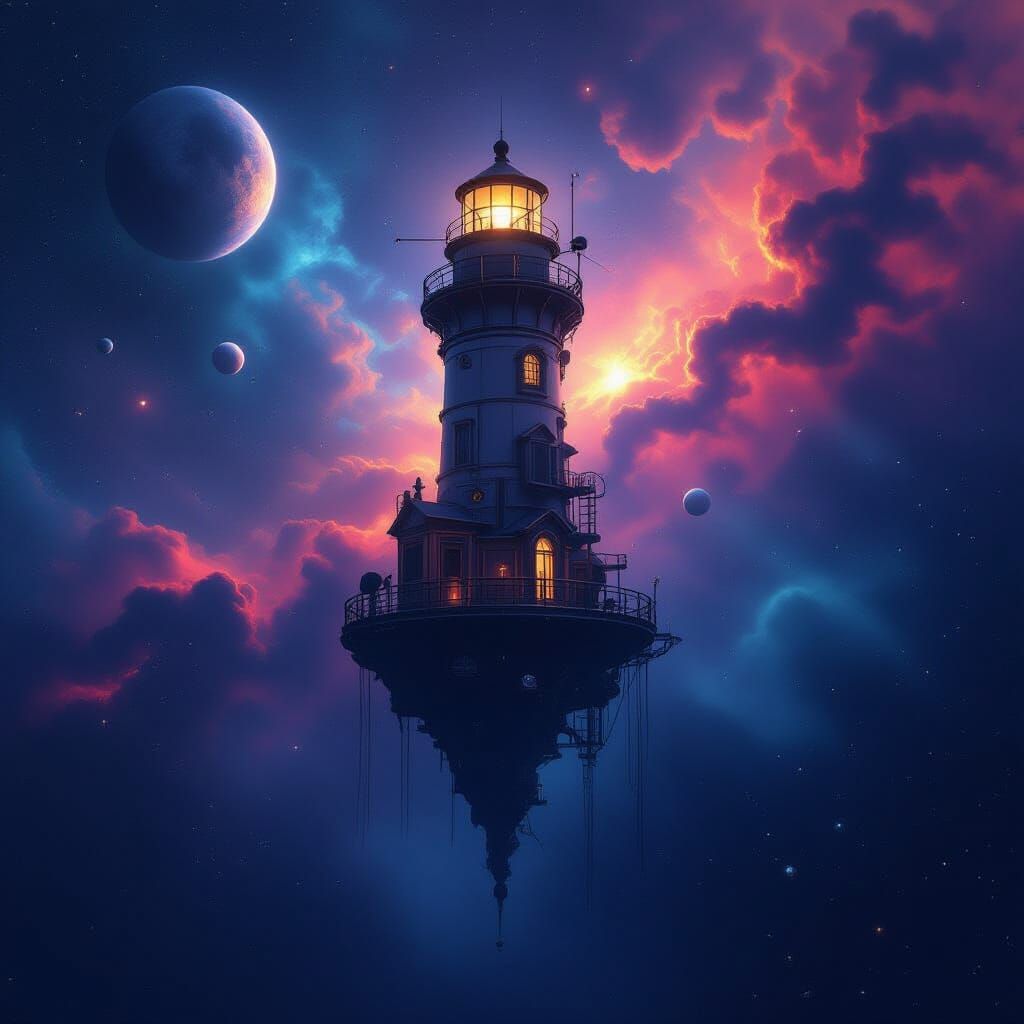 Lighthouse in Space with Glowing Nebulae