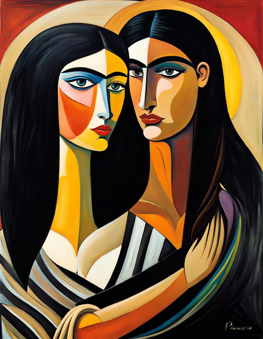 Lesbian Couple Embrace, Oil Painting Style