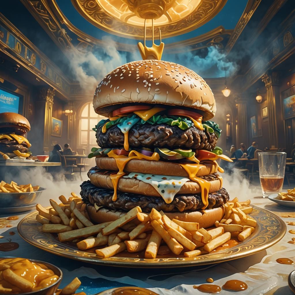 Giant Hamburger and Fries on Golden Plate