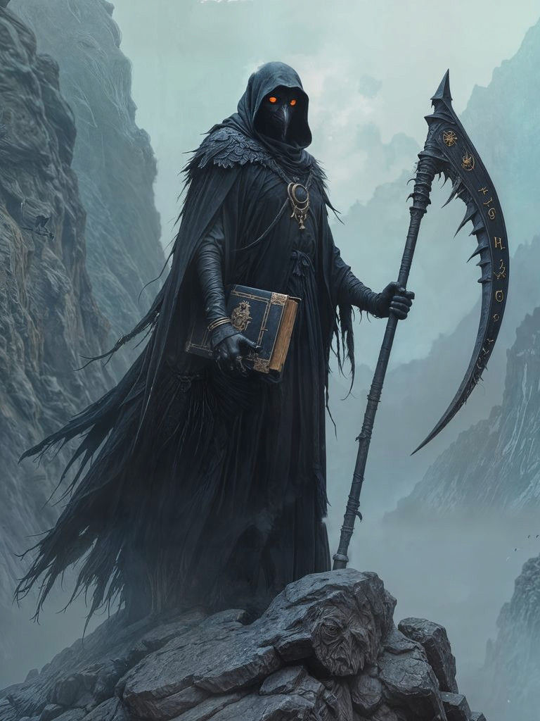Dark Fantasy God of Death with Scythe and Crow