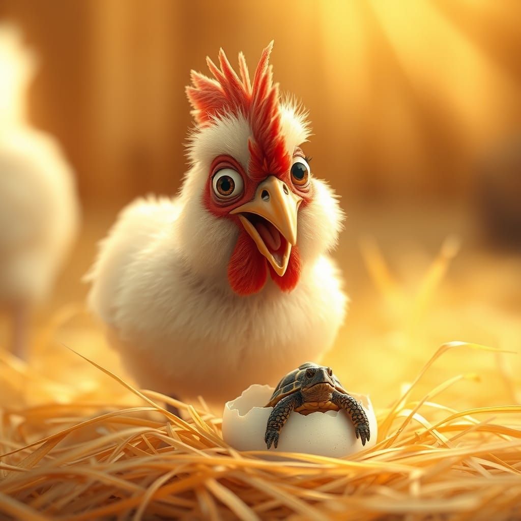 Astonished Chicken and Turtle Hatchling in Photorealistic St...
