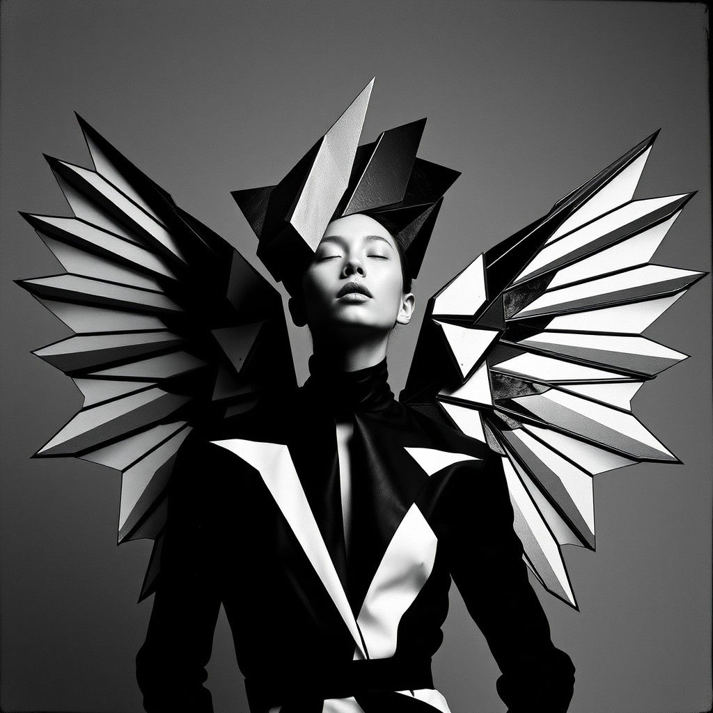 Geometric Winged Model in Black and White Fashion