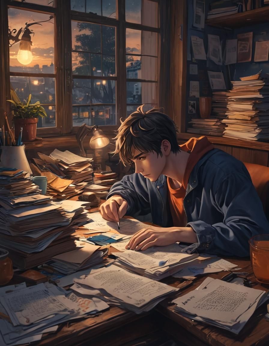 Anime Key Visual: Tired Student Studying Late