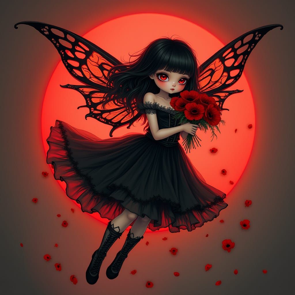 Death Fairy in Goth Tattoo Style with Red Poppies