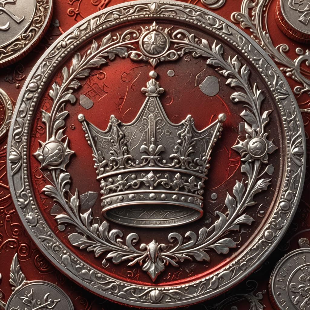 Fantasy Silver Coin with Crown Image on Red