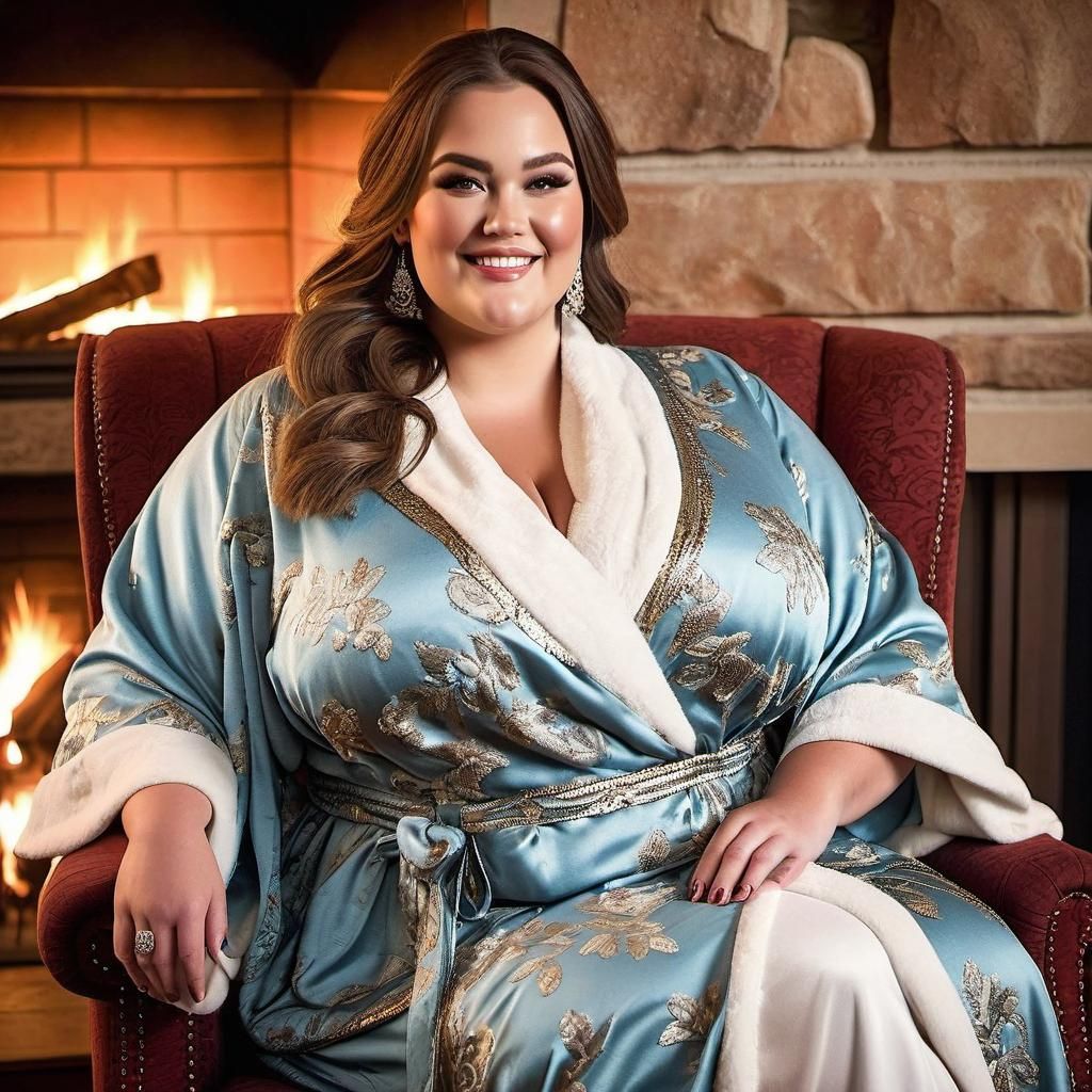 Curvy Woman Relaxing by Fireplace in Detailed Living Room