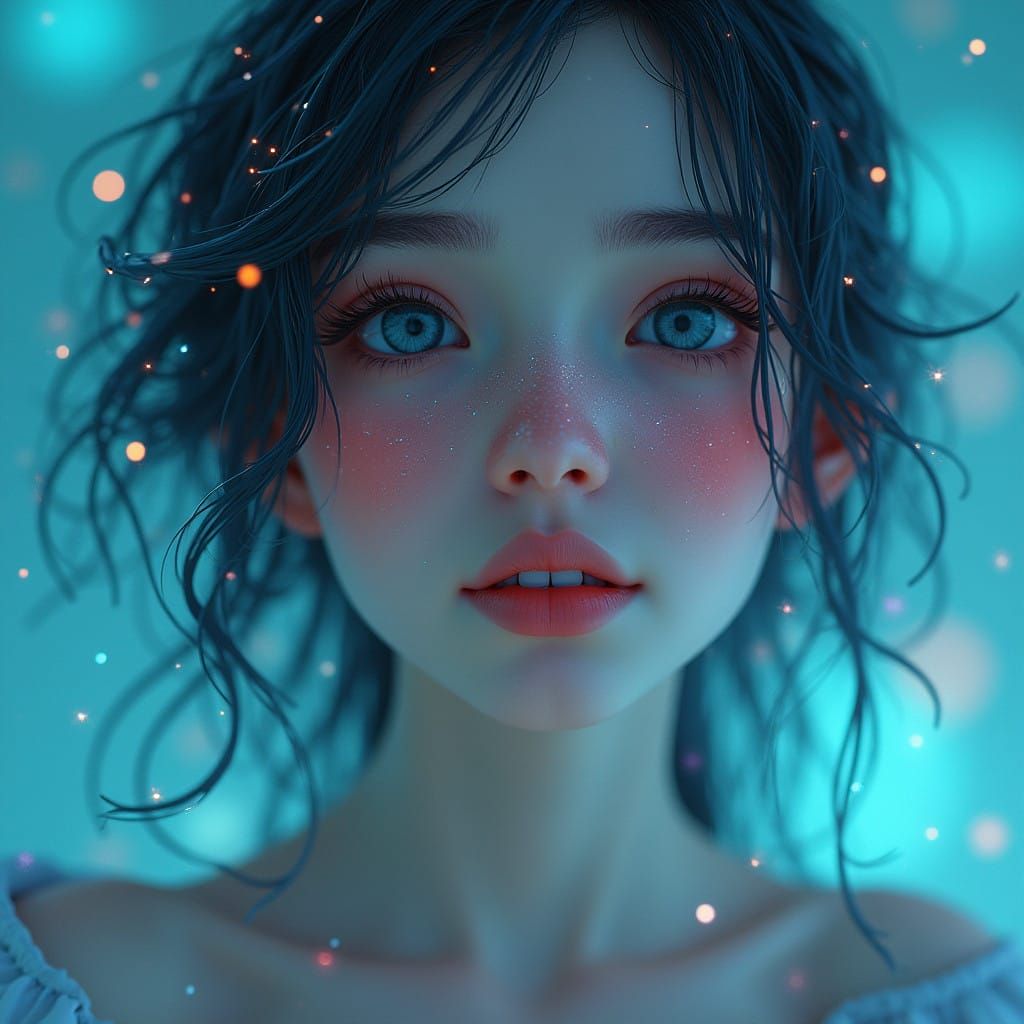 Ethereal Woman in Cosmic Turquoise Dreamscape