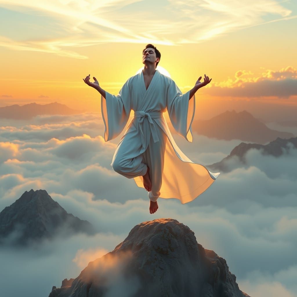 Levitating Yoga Instructor Above Misty Mountaintop
