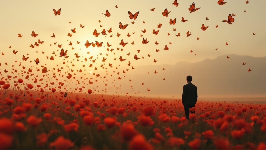 A Man Contemplates in a Field of Red Poppies as Monarch Butt...