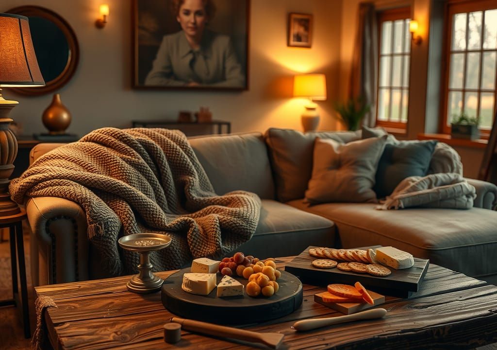 Serene Living Room with Warm Lighting and Cozy Details