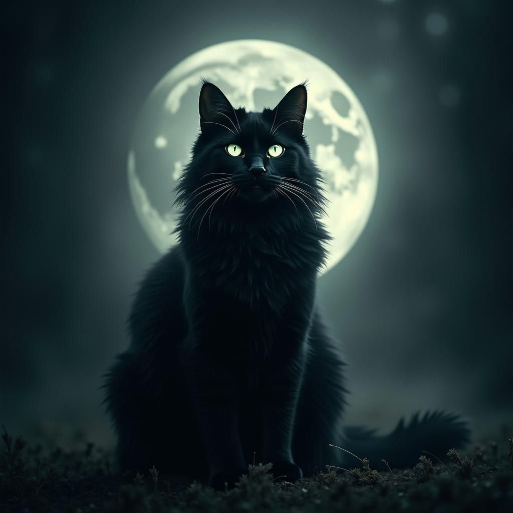 A beautiful mysterious image of a black cat with a background of full moon and mistic