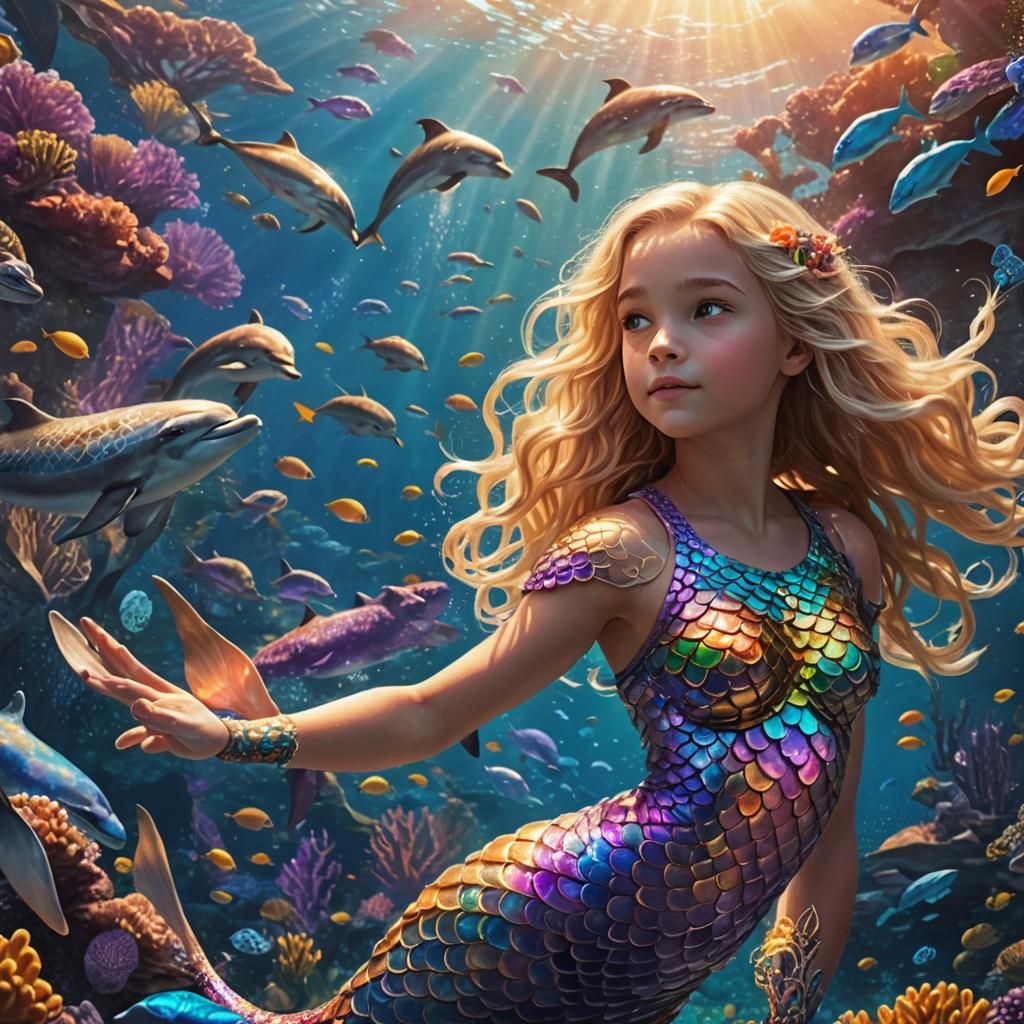 Blonde Mermaid Swimming with Dolphins: Fantasy Concept Art
