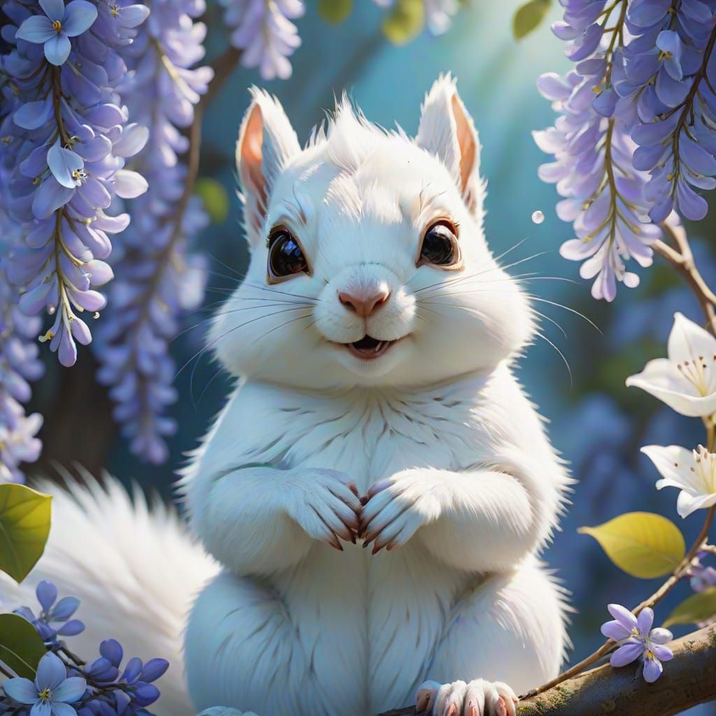 White Squirrel Fairy on Wisteria Petals: Anime Art