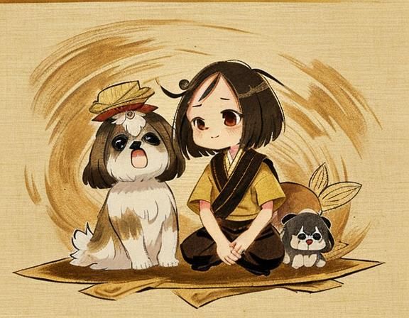 Shih Tzu on Papyrus in Ancient Ink Art