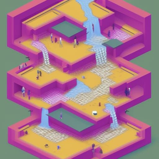 Escher-Inspired Isometric Waterfalls and Figures