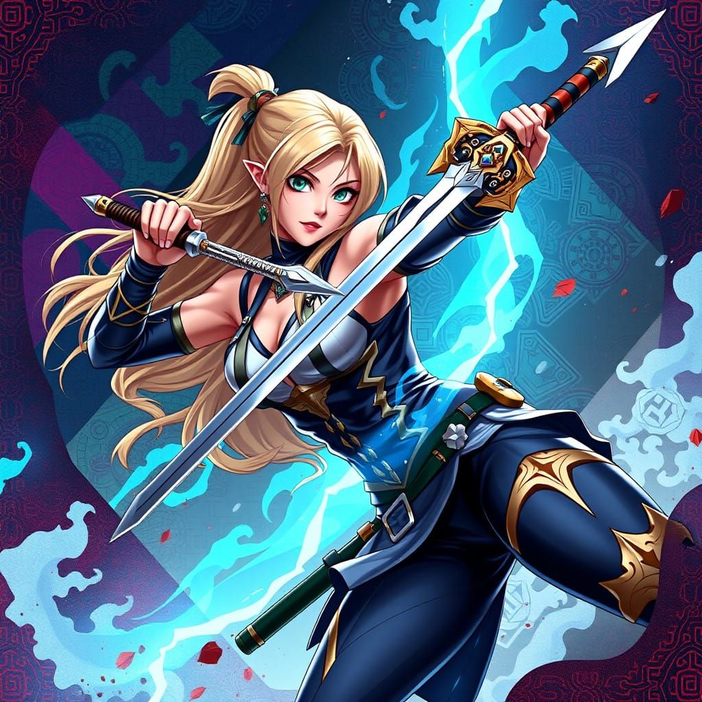 Blonde Anime Heroine Poses with Sword in Vibrant Eastern-Ins...