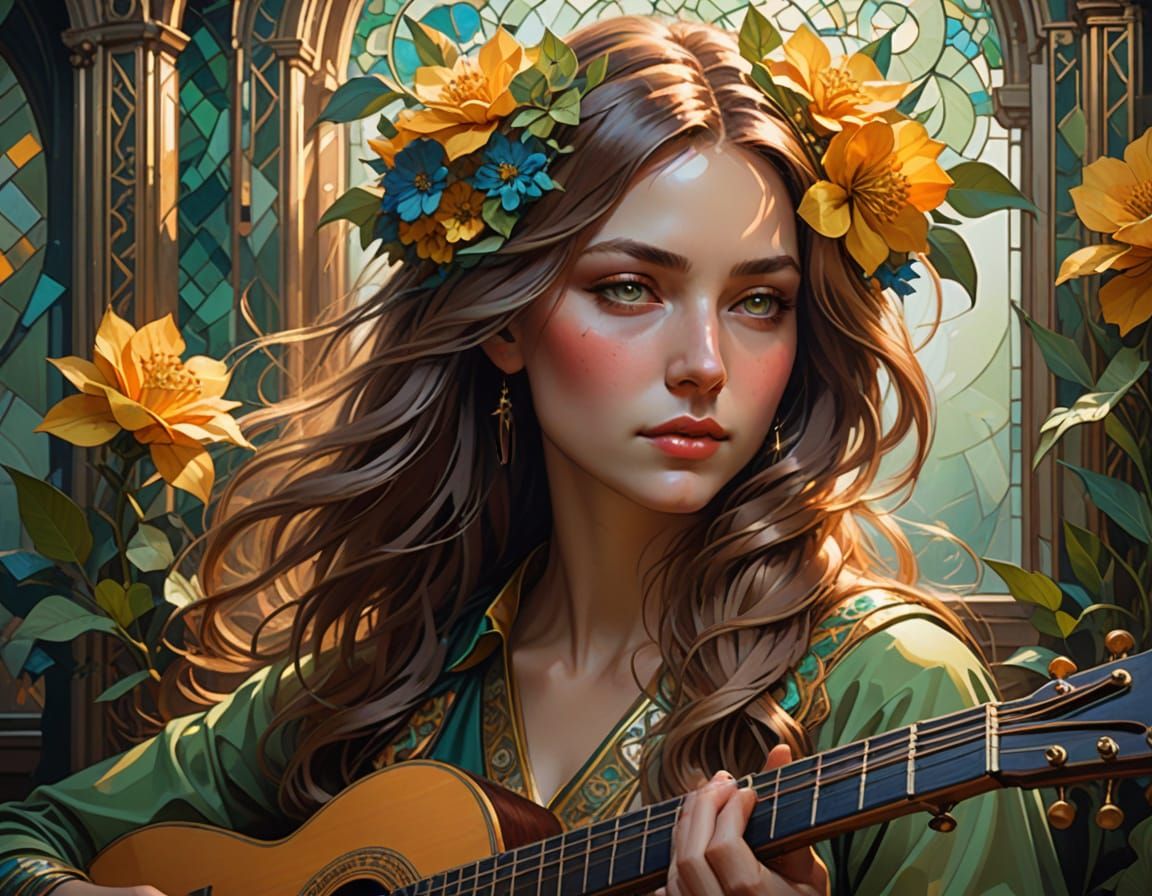 Surreal Cubist Portrait of a Young Woman Playing Guitar in a...