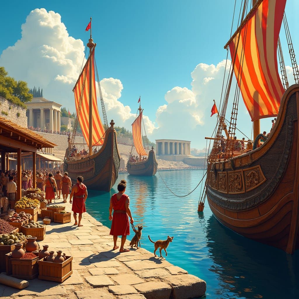 Vibrant Roman Port Scene Under Golden Sunlight