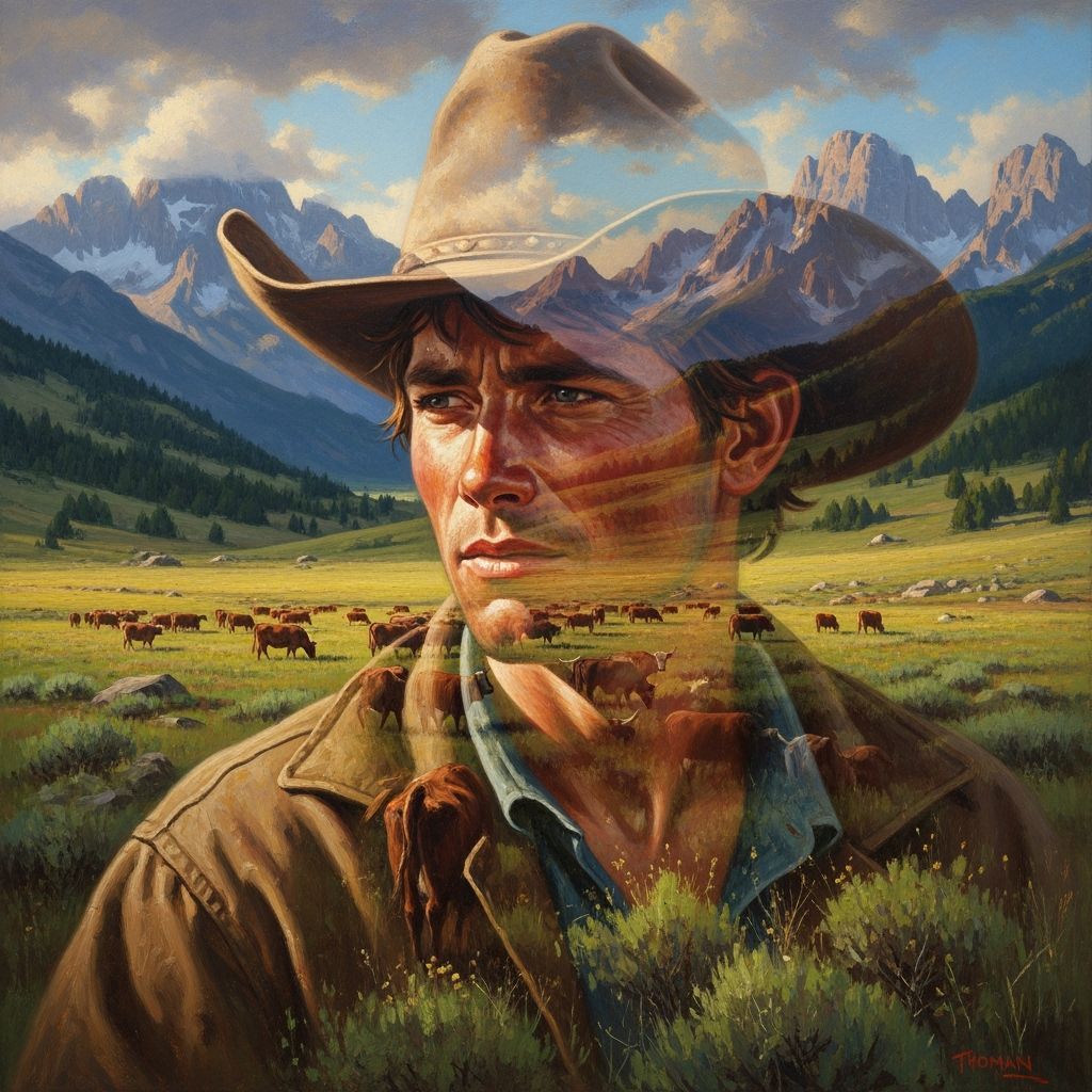 Cowboy and Landscape Double Exposure Oil Painting