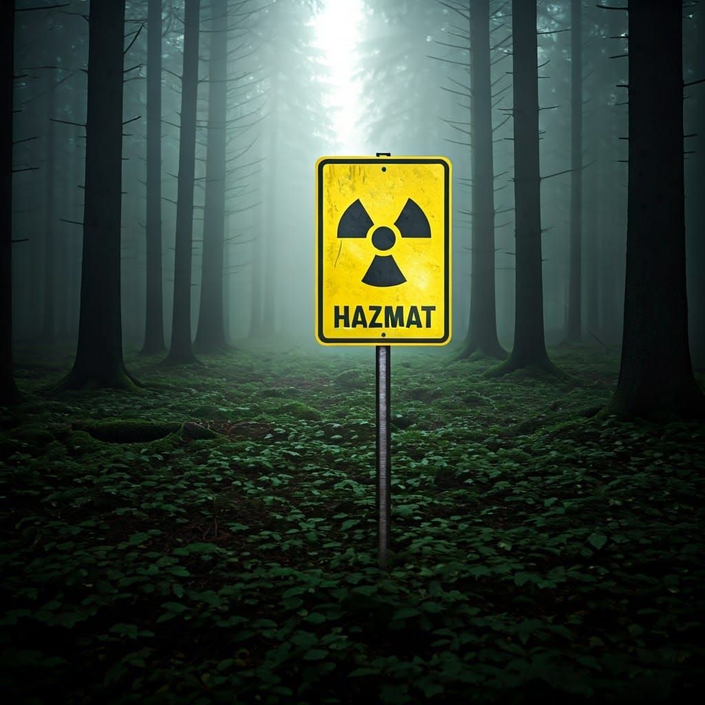 Ominous Nuclear Sign in Misty Forest