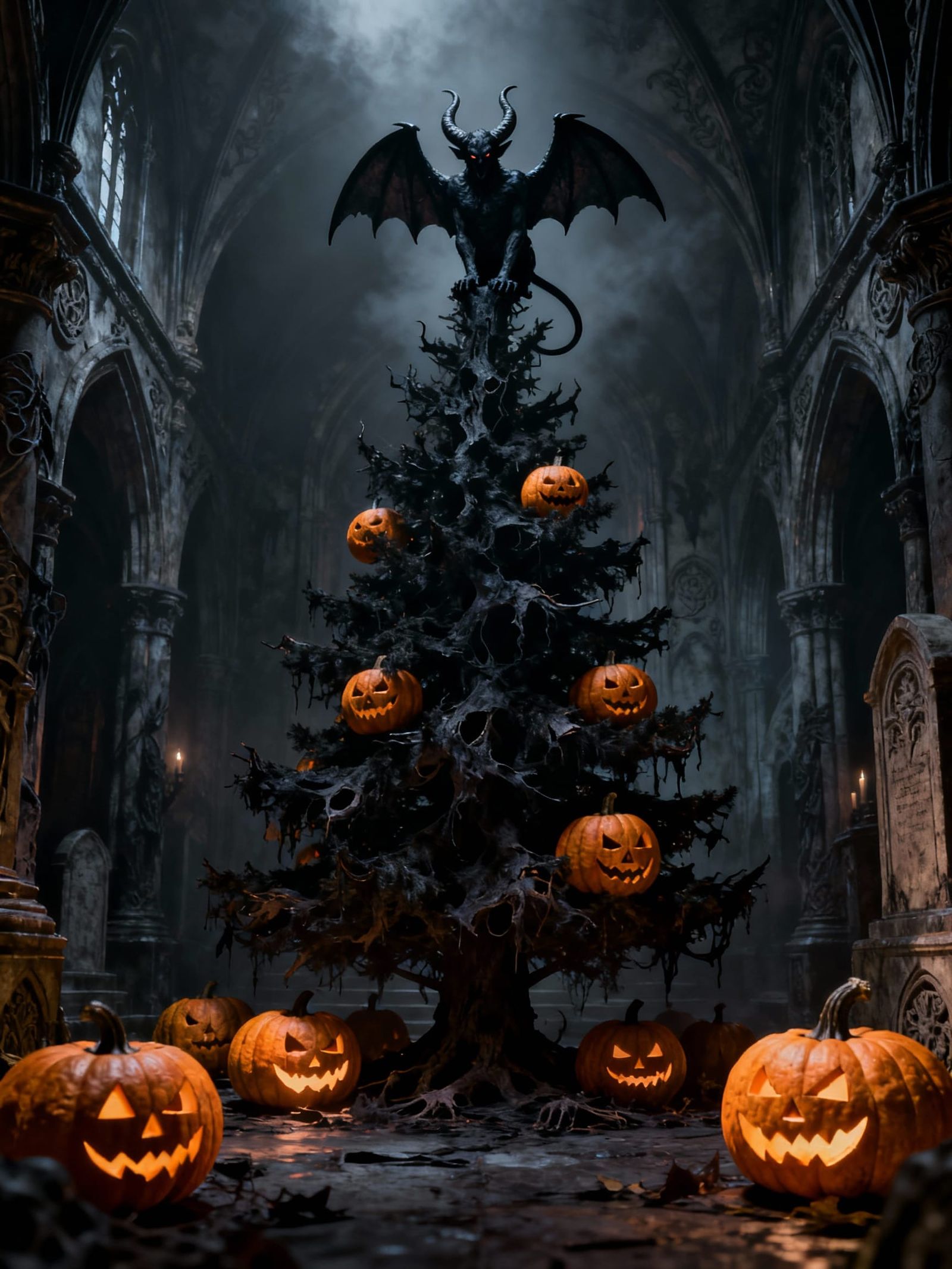 Gothic Crypt Christmas Tree with Devil