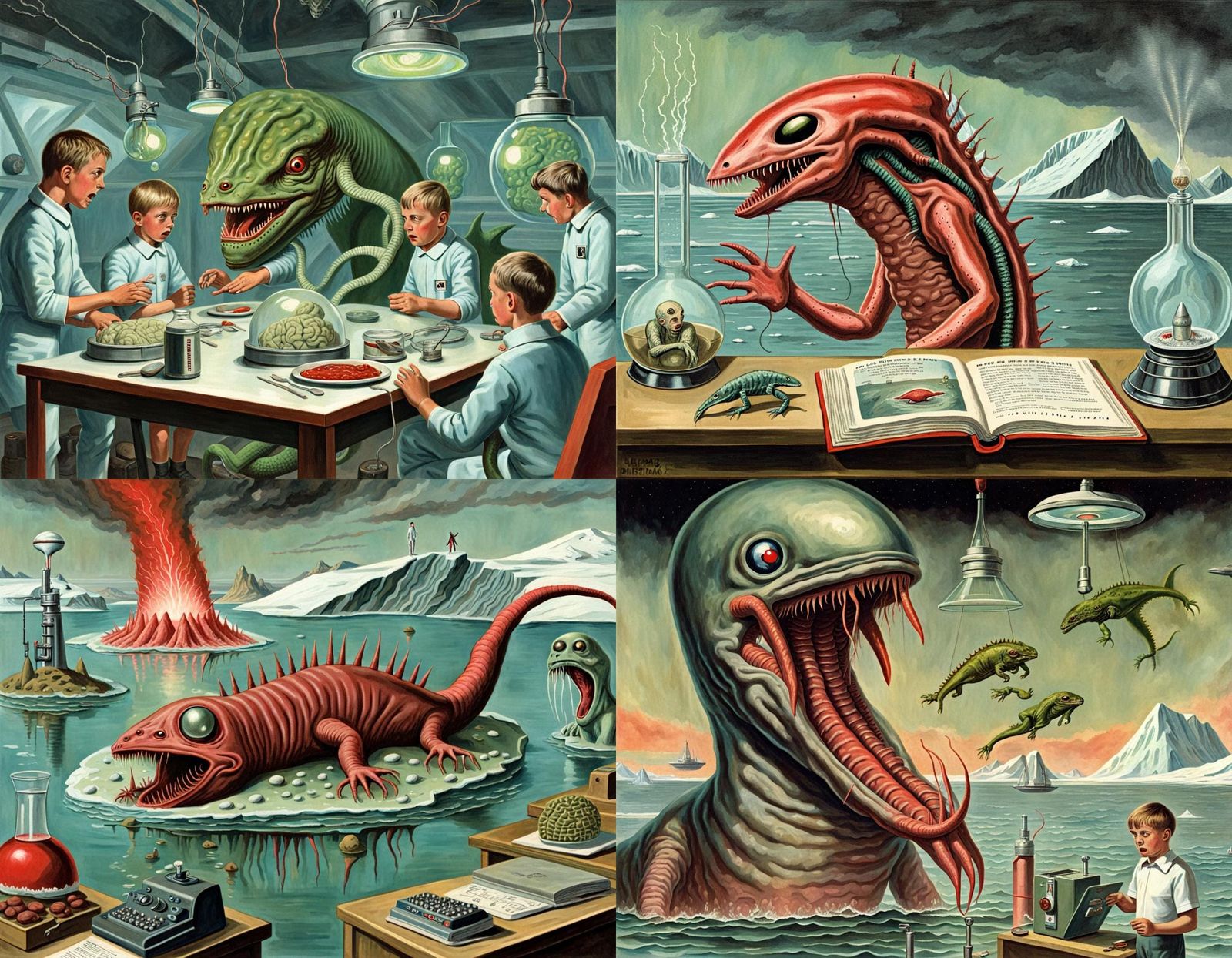 Bizarre Arctic Laboratory Scene in Ladybird Style