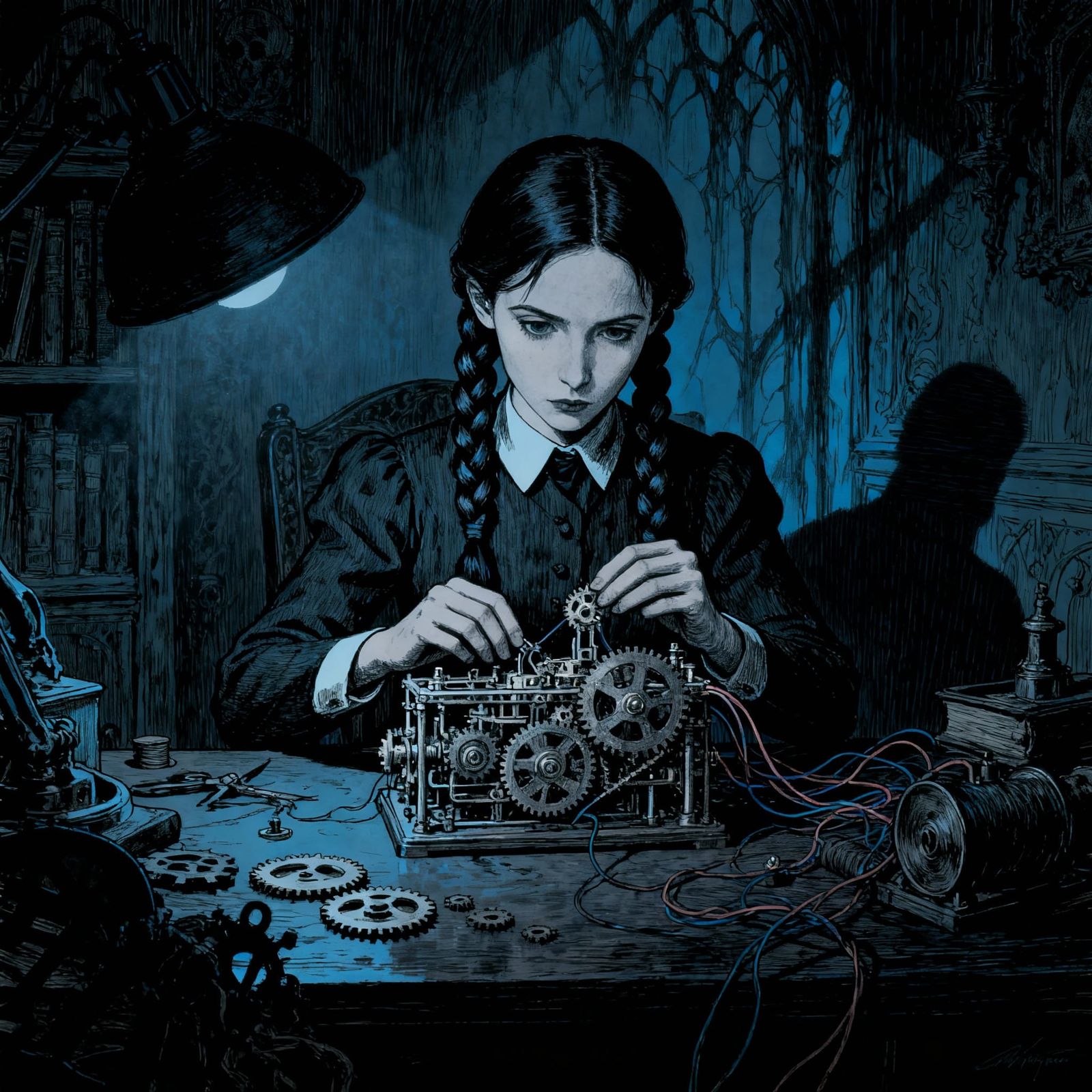 Wednesday Addams Assembles Mechanical Device in Gothic Study