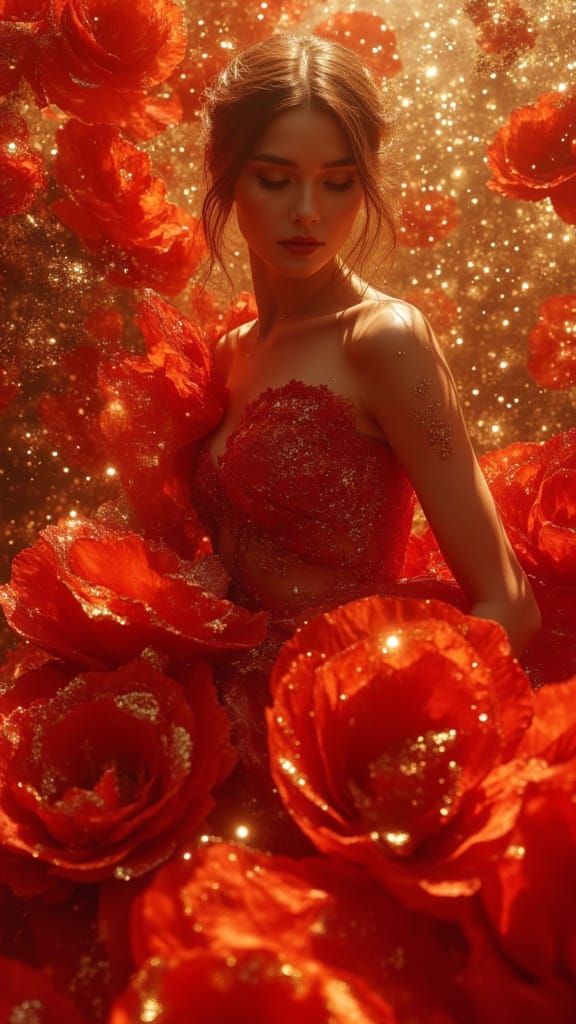 Haute Couture Woman in Fiery Floral Gown