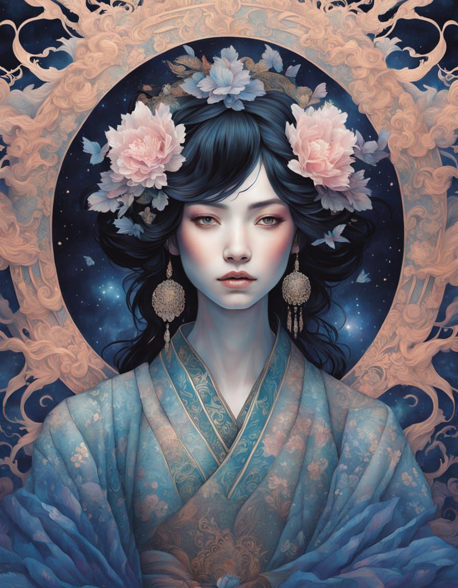 Ethereal Geisha in Celestial Kimono