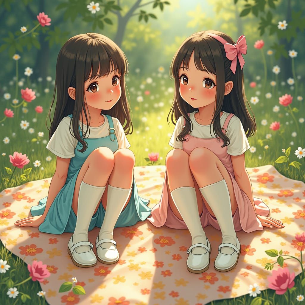 Girls in Mary Janes on Floral Blanket